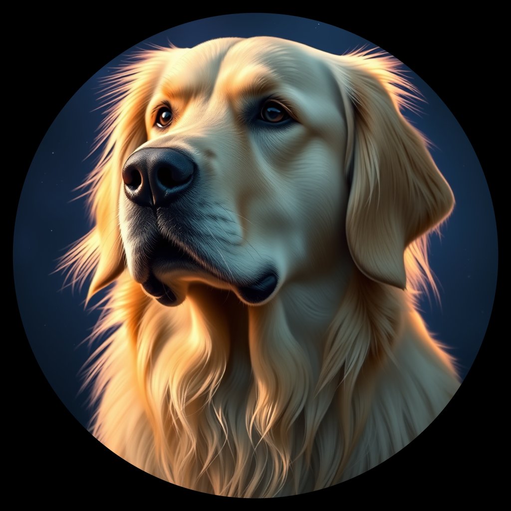 Cosmic medallion portrait of GRLS_grlsZBL5PYTT, a Golden Retriever
