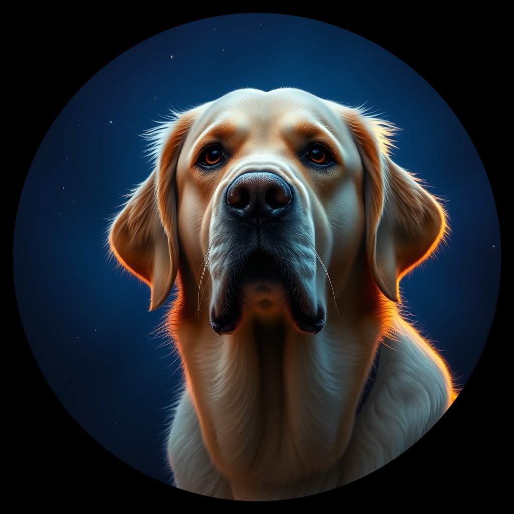 Cosmic medallion portrait of GRLS_grlsZDNNLXDD, a Golden Retriever
