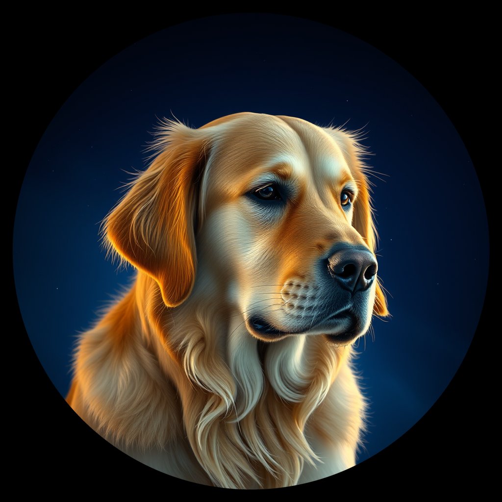 Cosmic medallion portrait of GRLS_grlsZF3EC6BB, a Golden Retriever