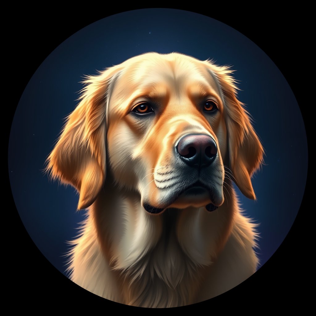 Cosmic medallion portrait of GRLS_grlsZFS305DD, a Golden Retriever