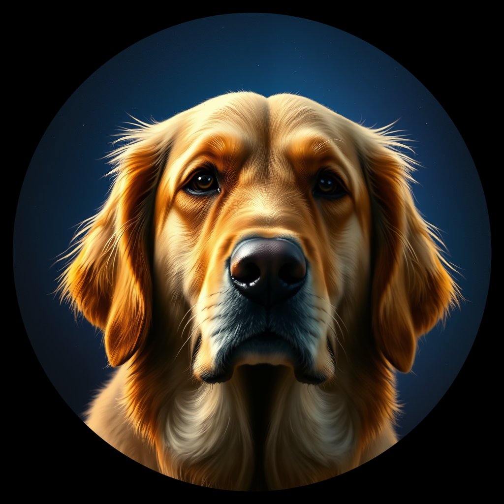Cosmic medallion portrait of GRLS_grlsZI7MU2EE, a Golden Retriever