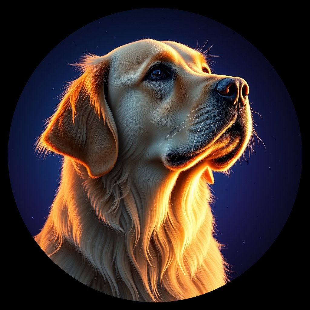 Cosmic medallion portrait of GRLS_grlsZIRB97LL, a Golden Retriever