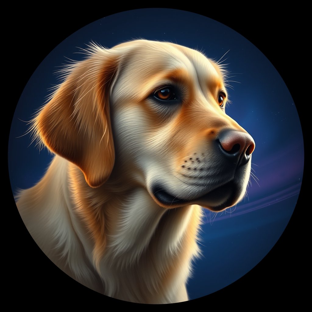 Cosmic medallion portrait of GRLS_grlsZJLLWNRR, a Golden Retriever