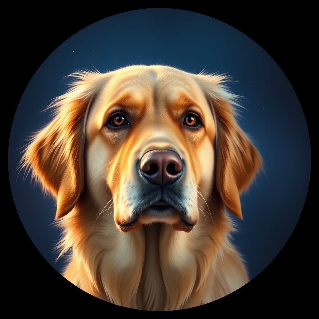 Cosmic medallion portrait of GRLS_grlsZJOFZENN, a Golden Retriever