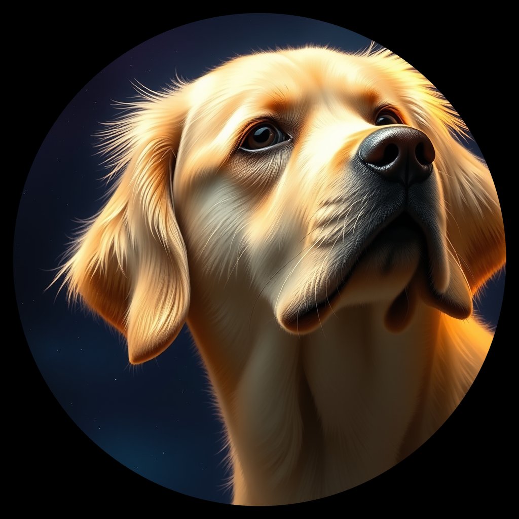 Cosmic medallion portrait of GRLS_grlsZLLUNLII, a Golden Retriever