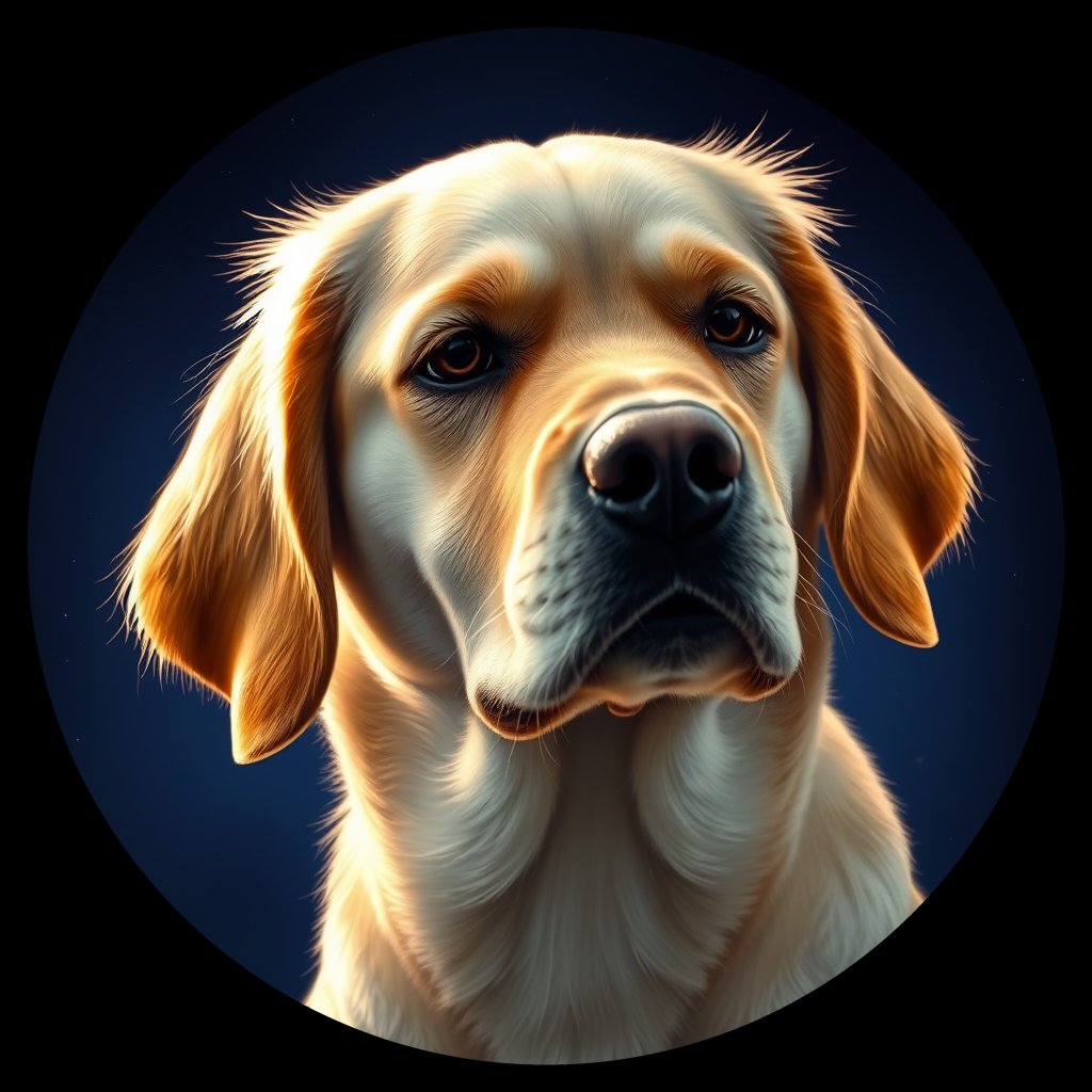 Cosmic medallion portrait of GRLS_grlsZNKR2HEE, a Golden Retriever