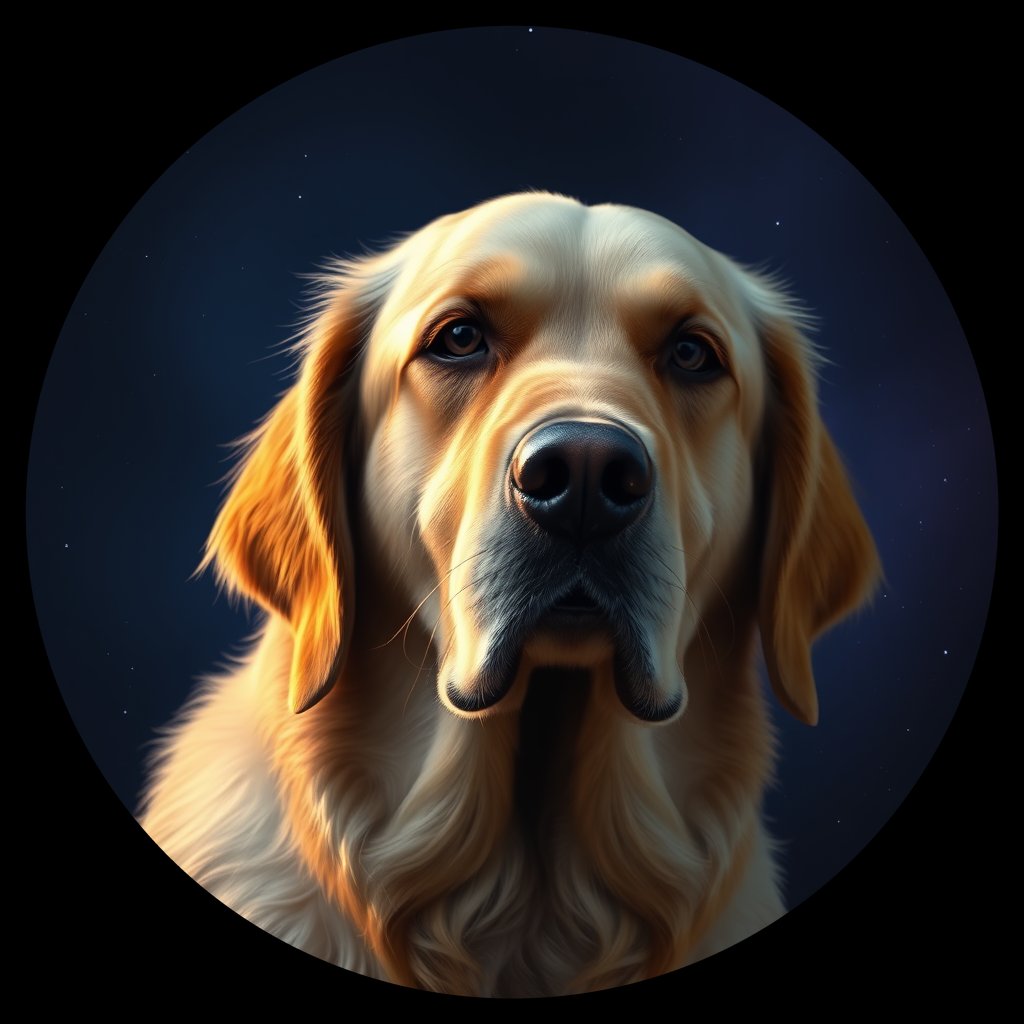 Cosmic medallion portrait of GRLS_grlsZO8JN6BB, a Golden Retriever