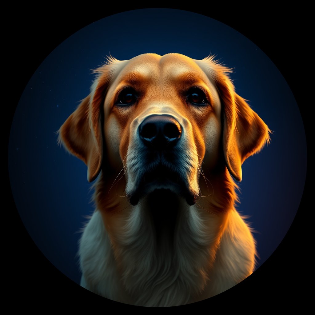 Cosmic medallion portrait of GRLS_grlsZOEDOO55, a Golden Retriever