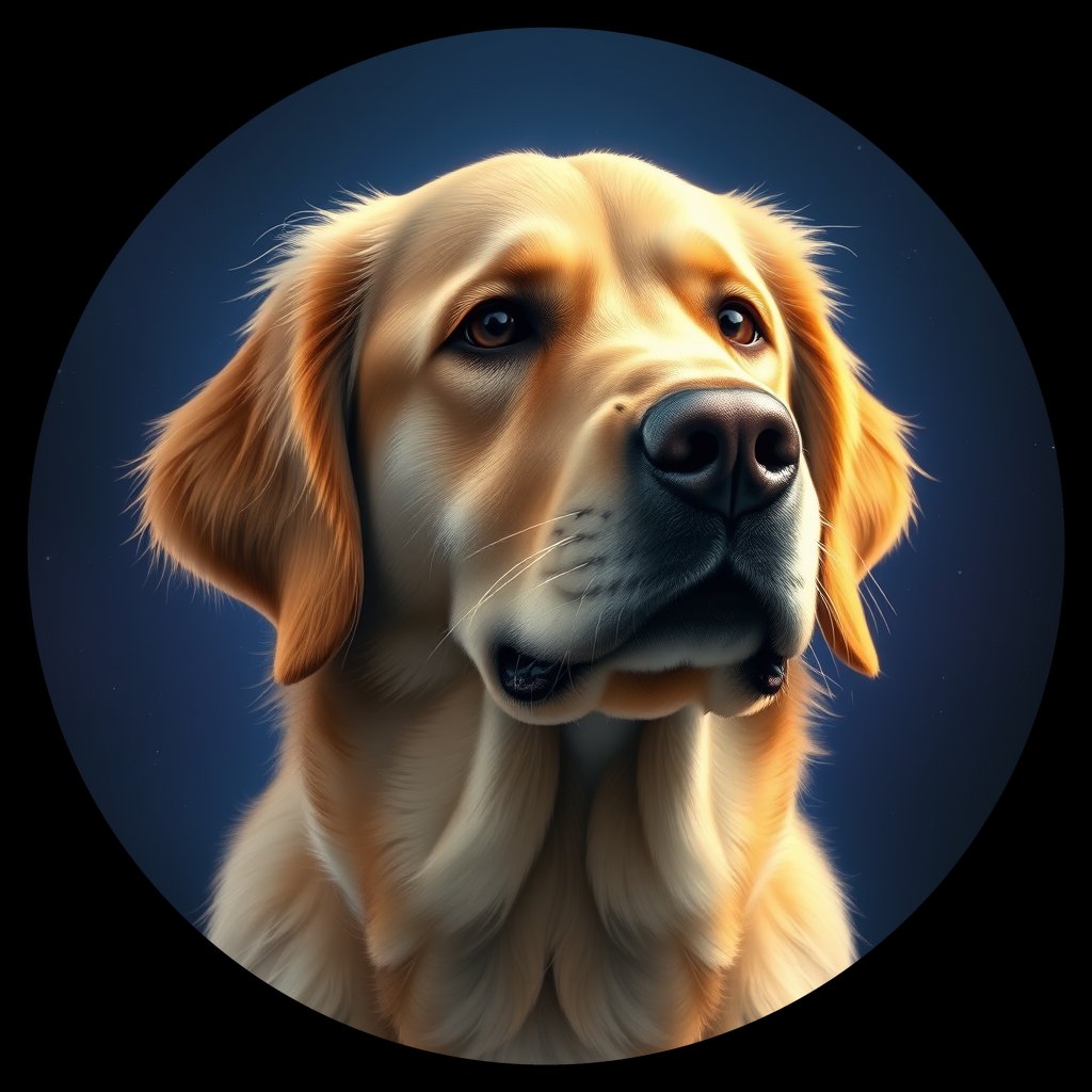 Cosmic medallion portrait of GRLS_grlsZPGQ2BB, a Golden Retriever