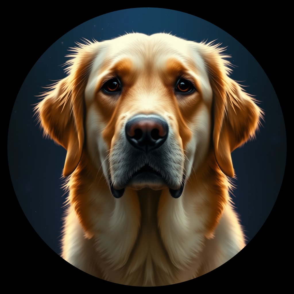 Cosmic medallion portrait of GRLS_grlsZPQC2000, a Golden Retriever