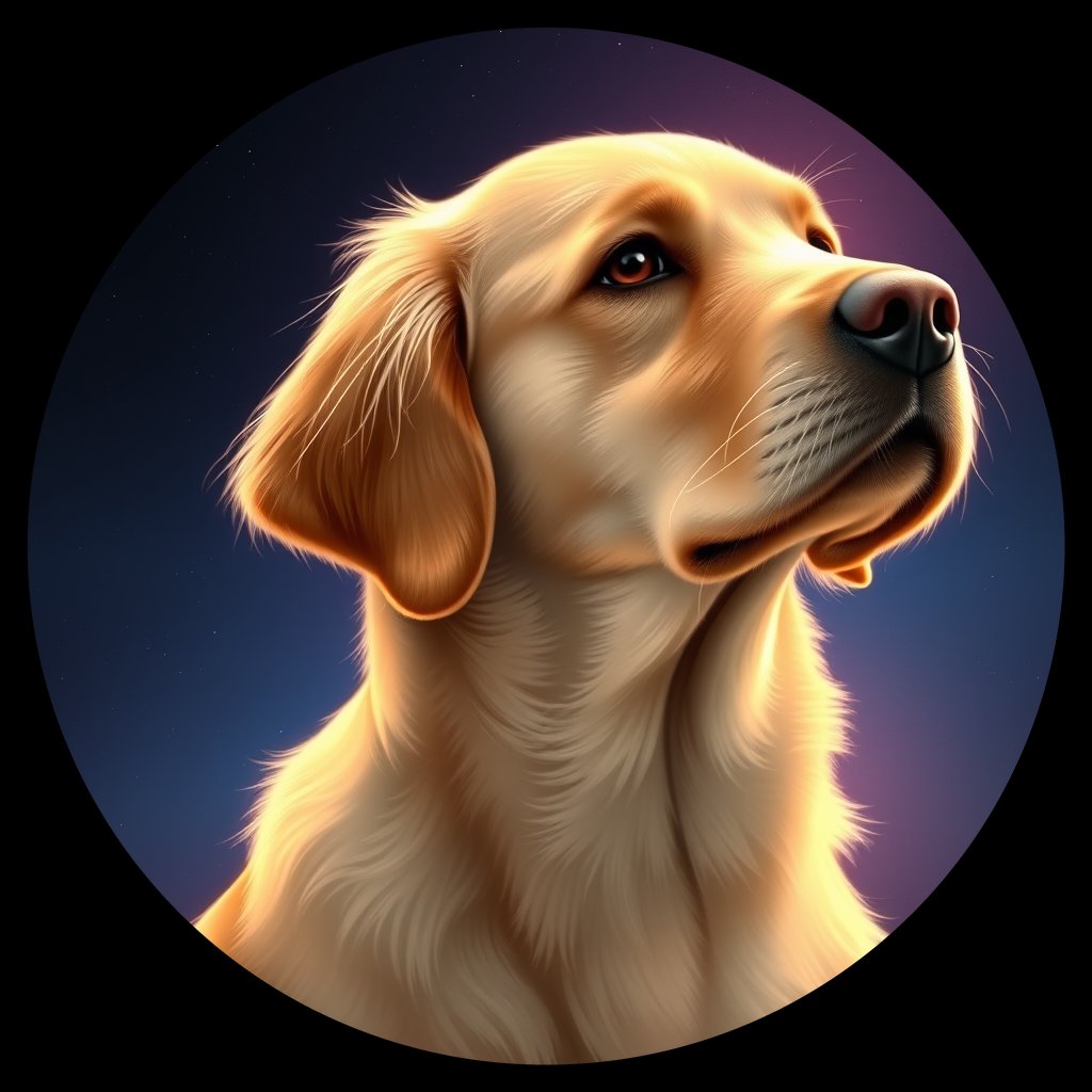Cosmic medallion portrait of GRLS_grlsZRYXUIGG, a Golden Retriever