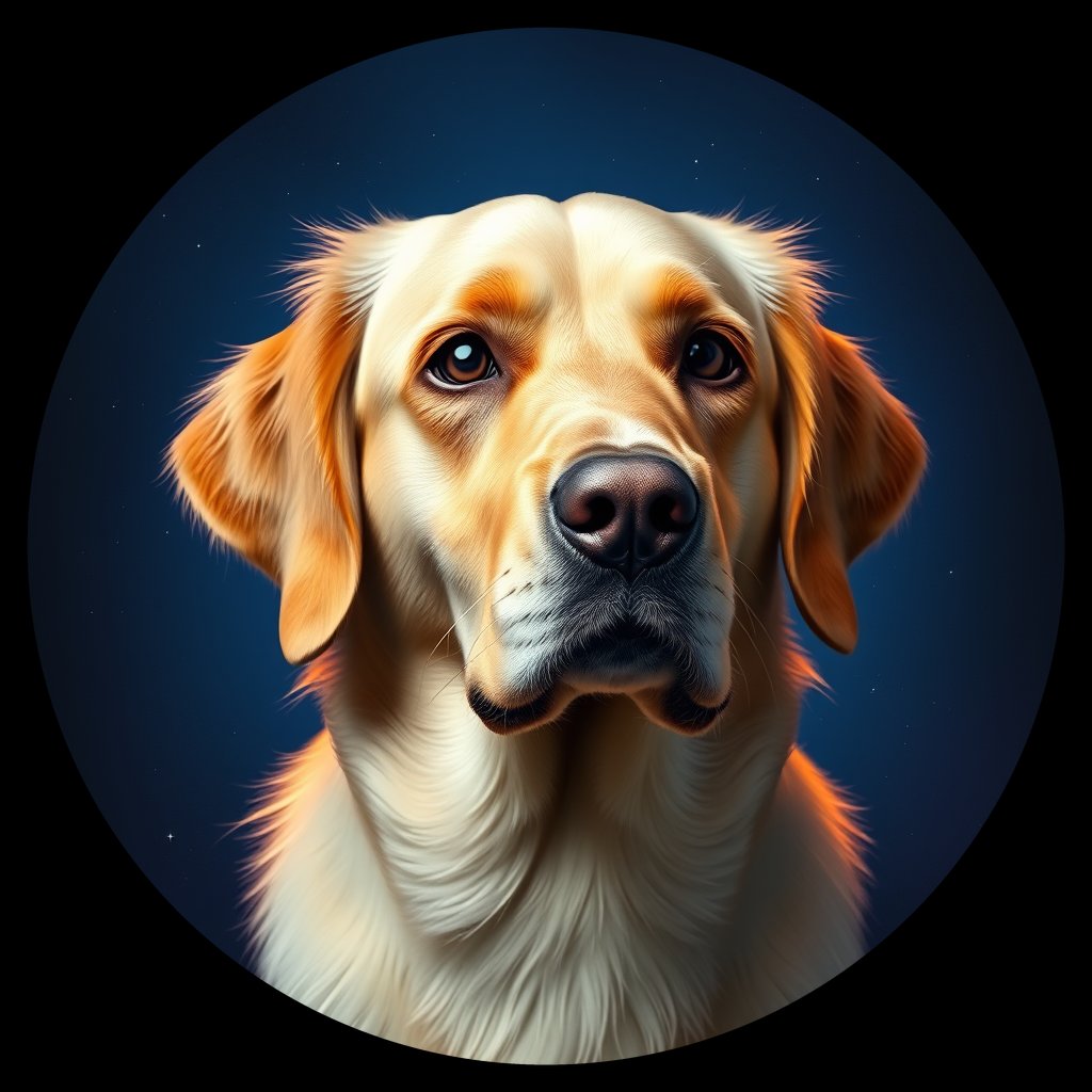Cosmic medallion portrait of GRLS_grlsZSMLMUPP, a Golden Retriever