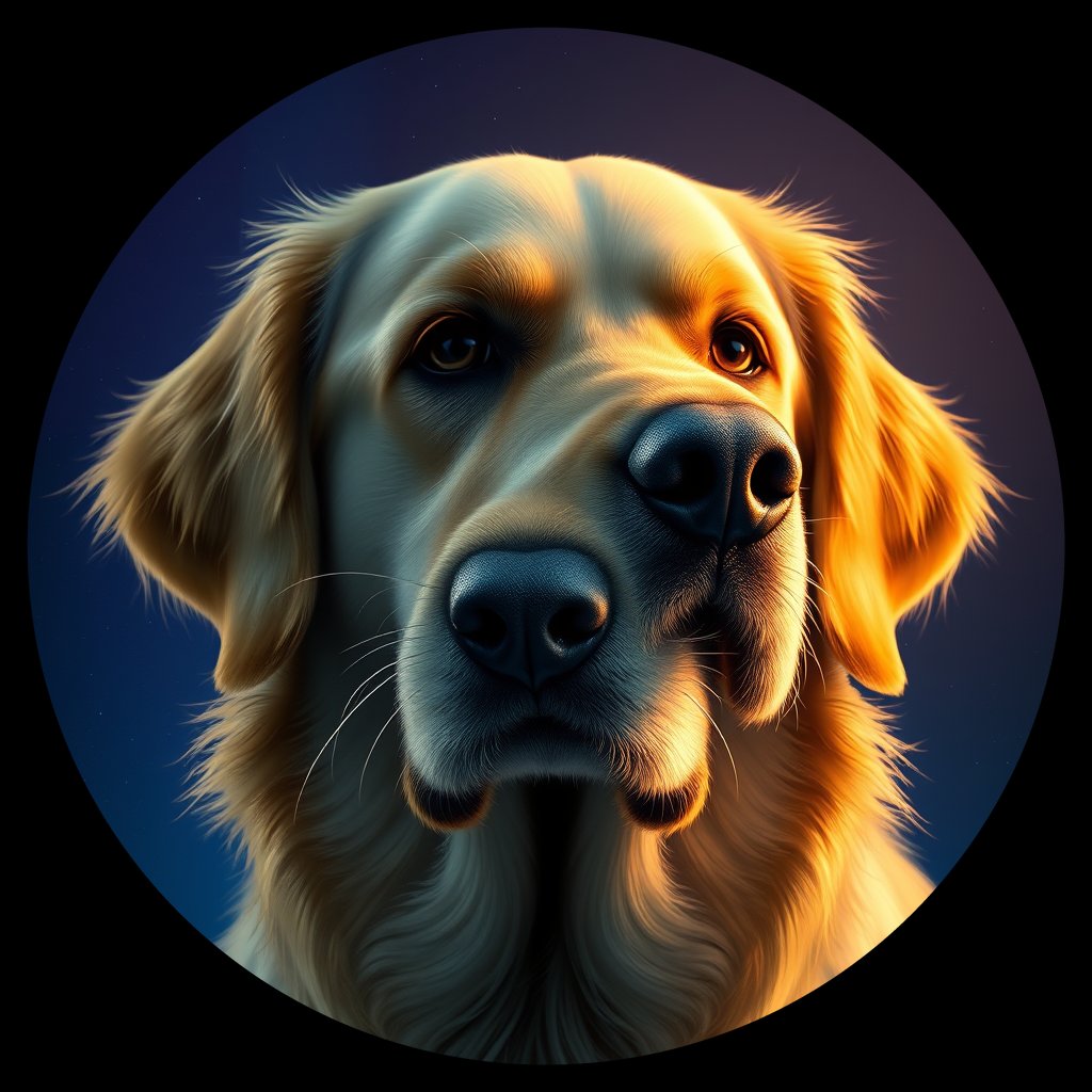 Cosmic medallion portrait of GRLS_grlsZV195TEE, a Golden Retriever