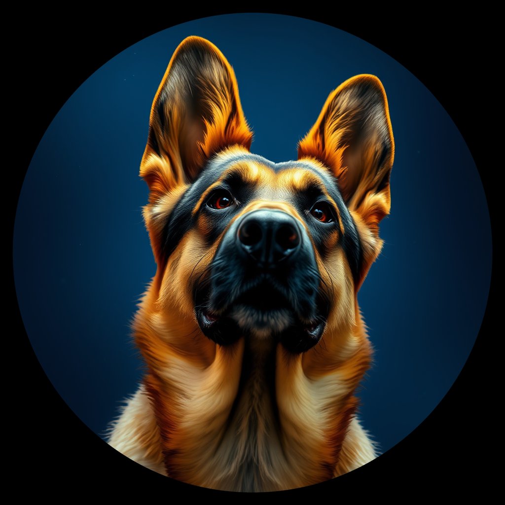 Cosmic medallion portrait of GSD_25458, a German Shepherd