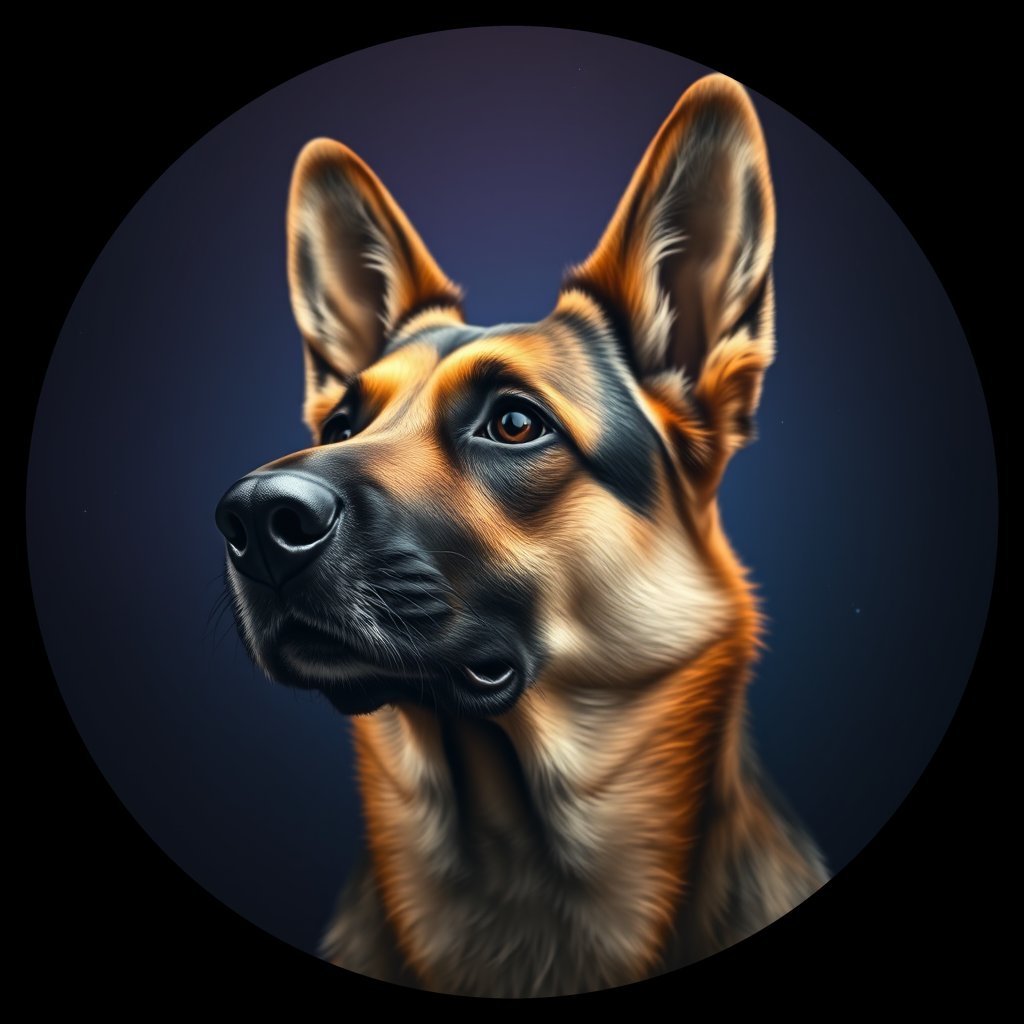 Cosmic medallion portrait of GSD_27521, a German Shepherd