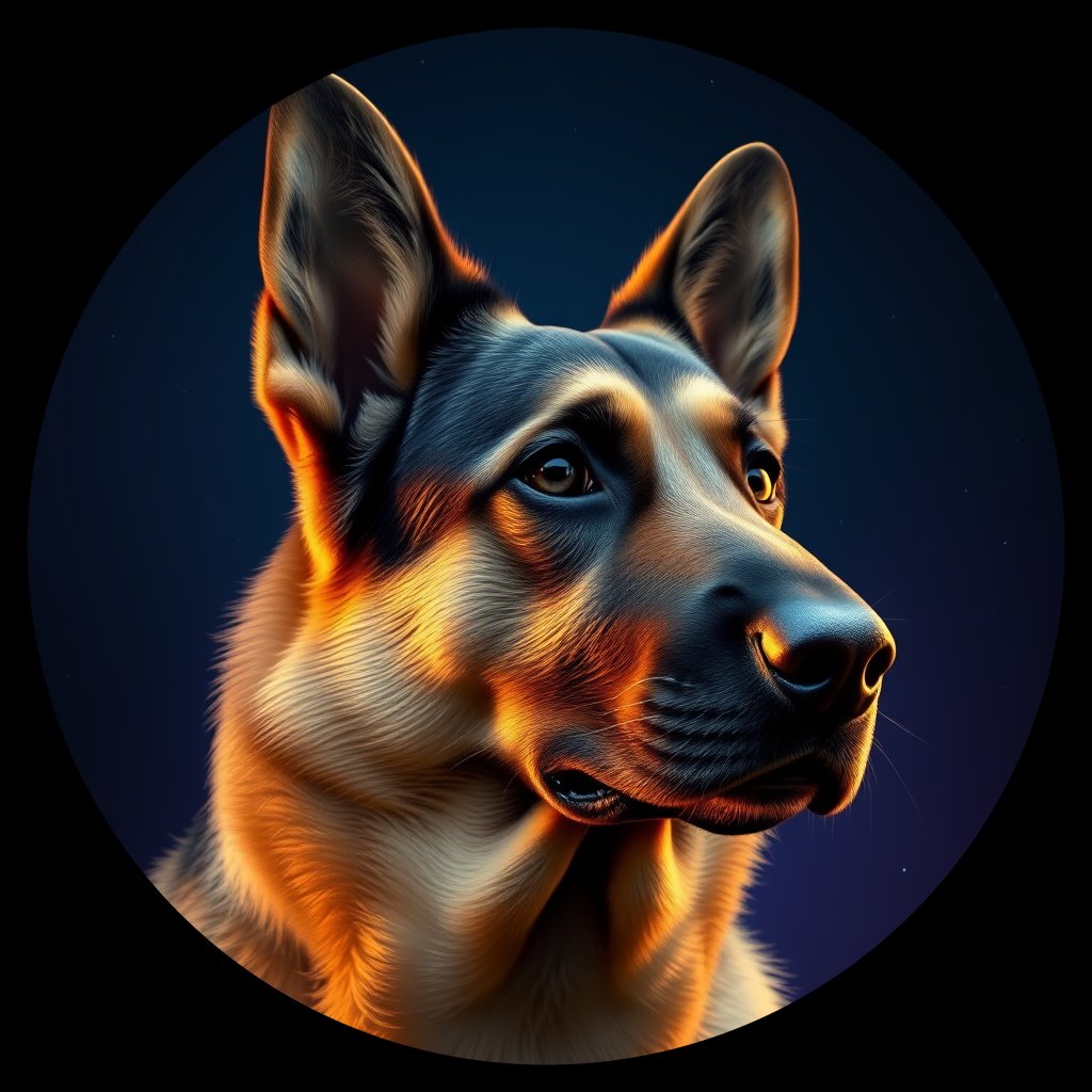 Cosmic medallion portrait of GSD_GSh_0GT205, a German Shepherd
