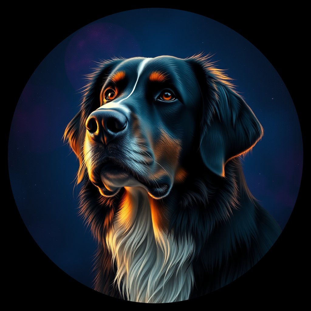 Cosmic medallion portrait of GSMD_GSMD_12332, a Greater Swiss Mountain Dog