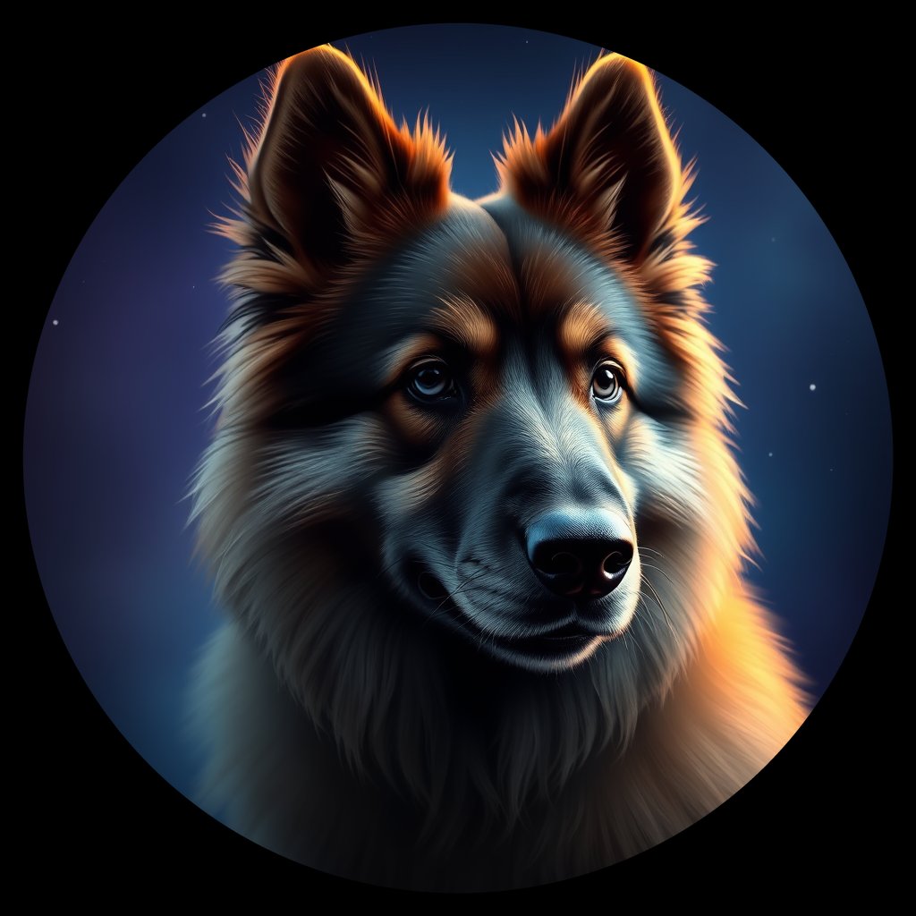 Cosmic medallion portrait of KE_24827_KE_24827, a Keeshond