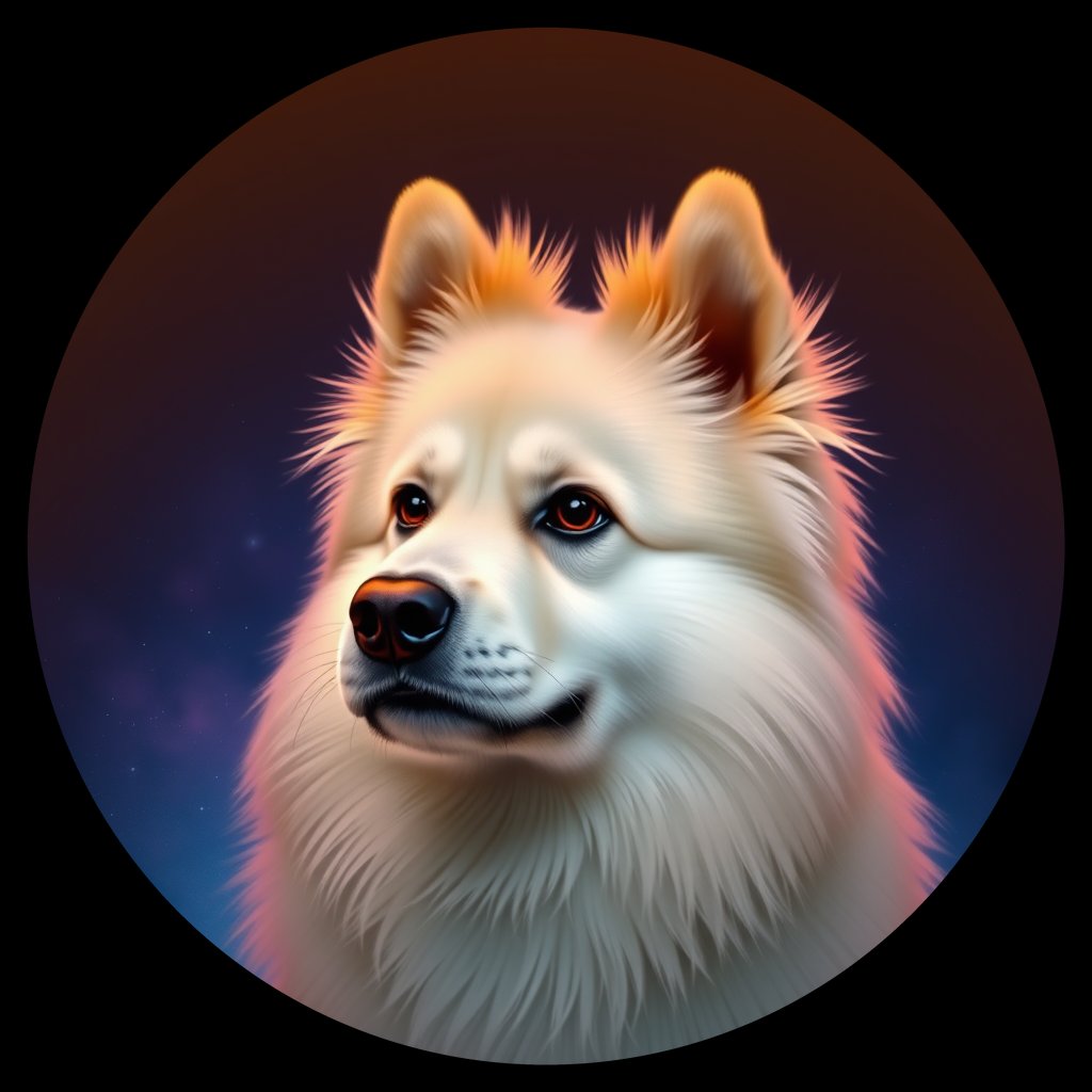 Cosmic medallion portrait of KE_34445_KE_34445, a Keeshond