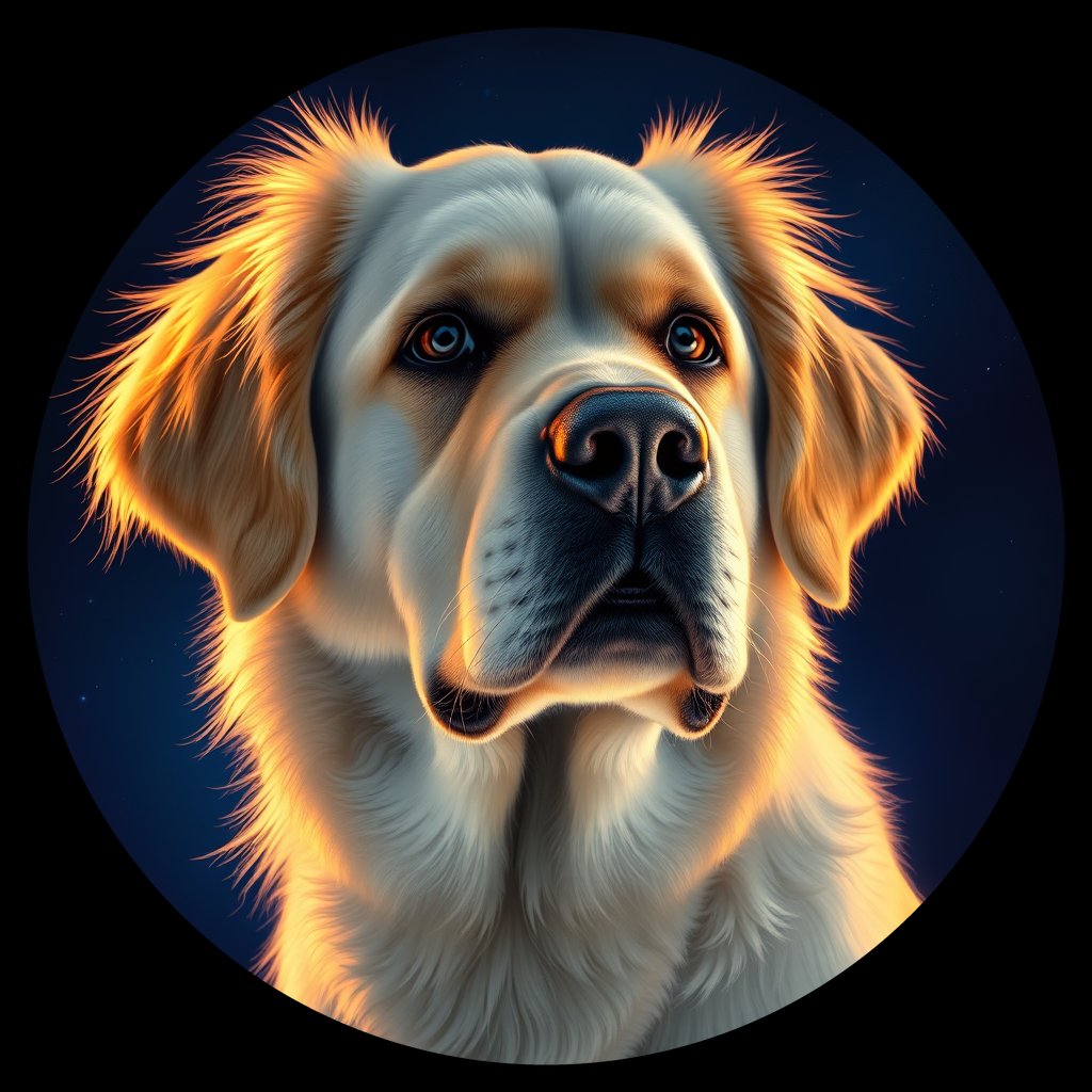 Cosmic medallion portrait of KUVZ_KUVZ_06693, a Kuvasz