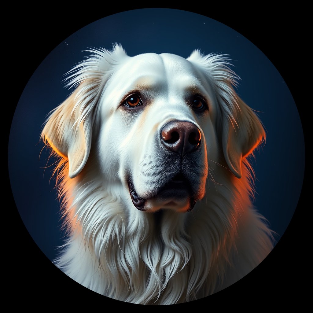 Cosmic medallion portrait of KUVZ_KUVZ_07525, a Kuvasz