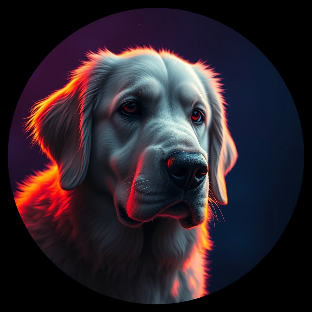Cosmic medallion portrait of KUVZ_KUVZ_07526, a Kuvasz