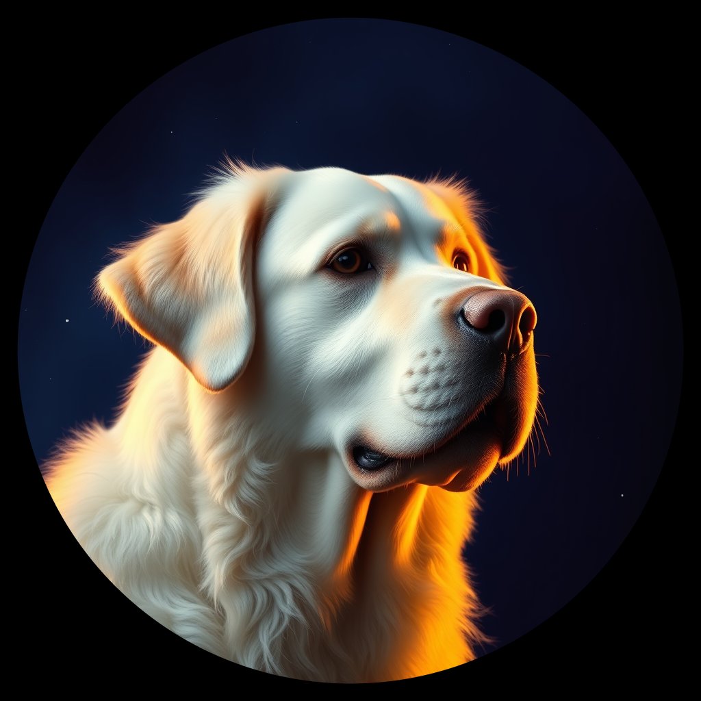 Cosmic medallion portrait of KUVZ_KUVZ_07774, a Kuvasz