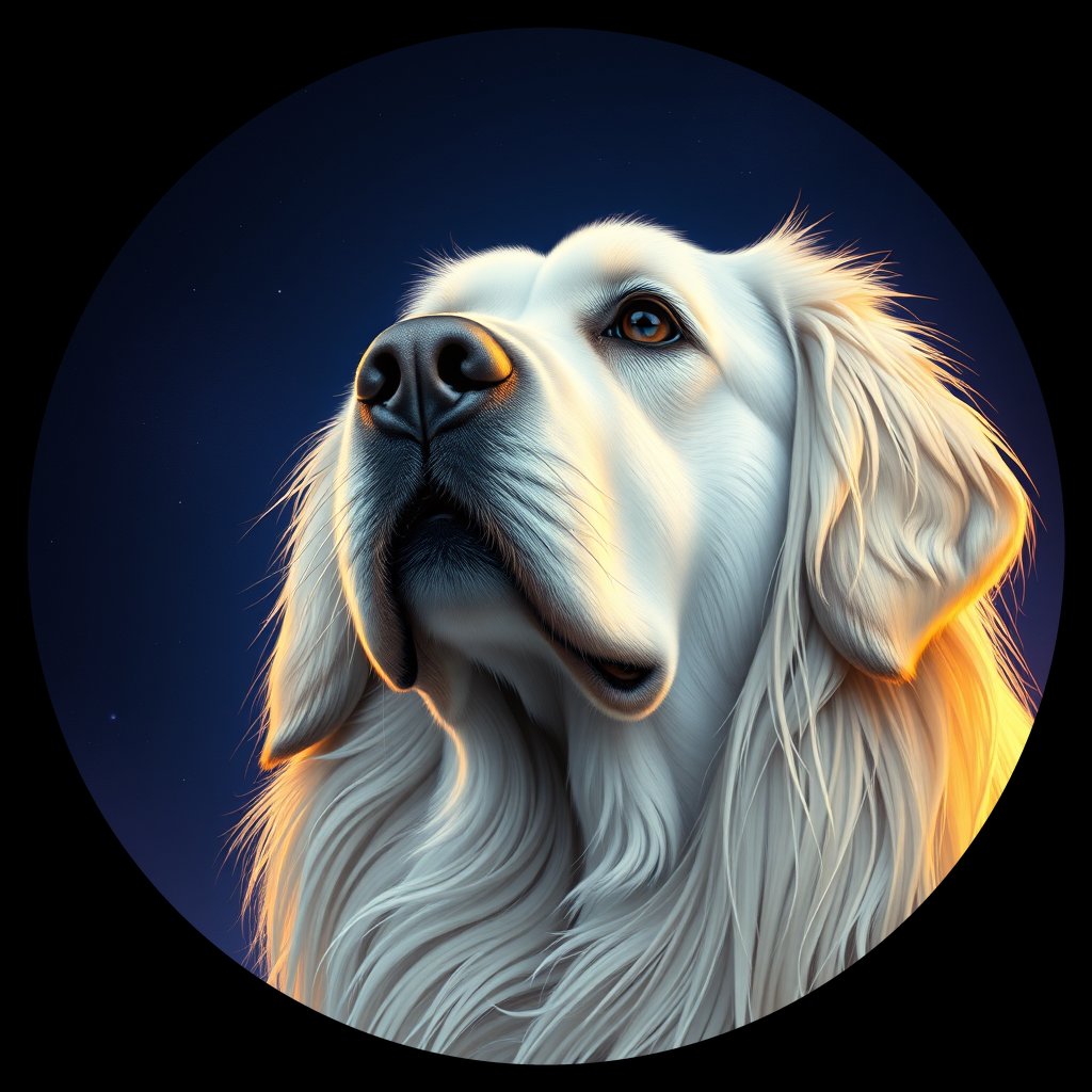 Cosmic medallion portrait of KUVZ_KUVZ_14517, a Kuvasz