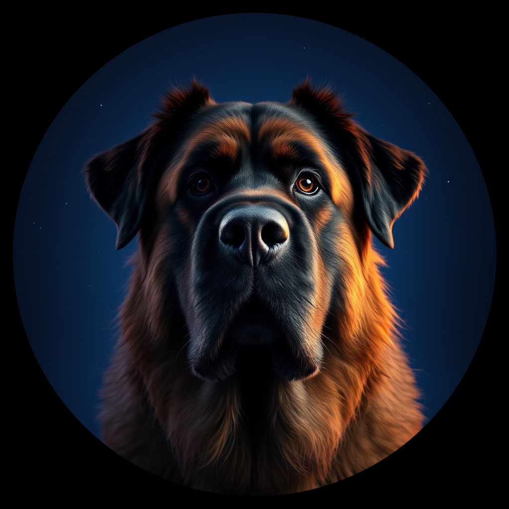 Cosmic medallion portrait of LEON_LEON_20260, a Leonberger