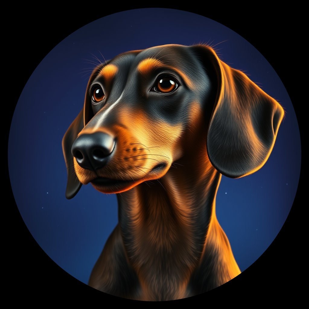 Cosmic medallion portrait of MLHD_1617_MLHD_1617, a Miniature Long Haired Dachshund