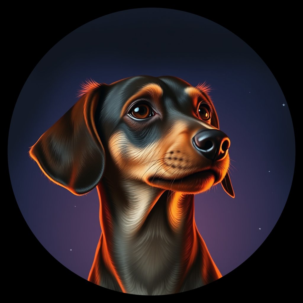 Cosmic medallion portrait of MWHD_29814_MWHD_29814, a Miniature Wire Haired Dachshund