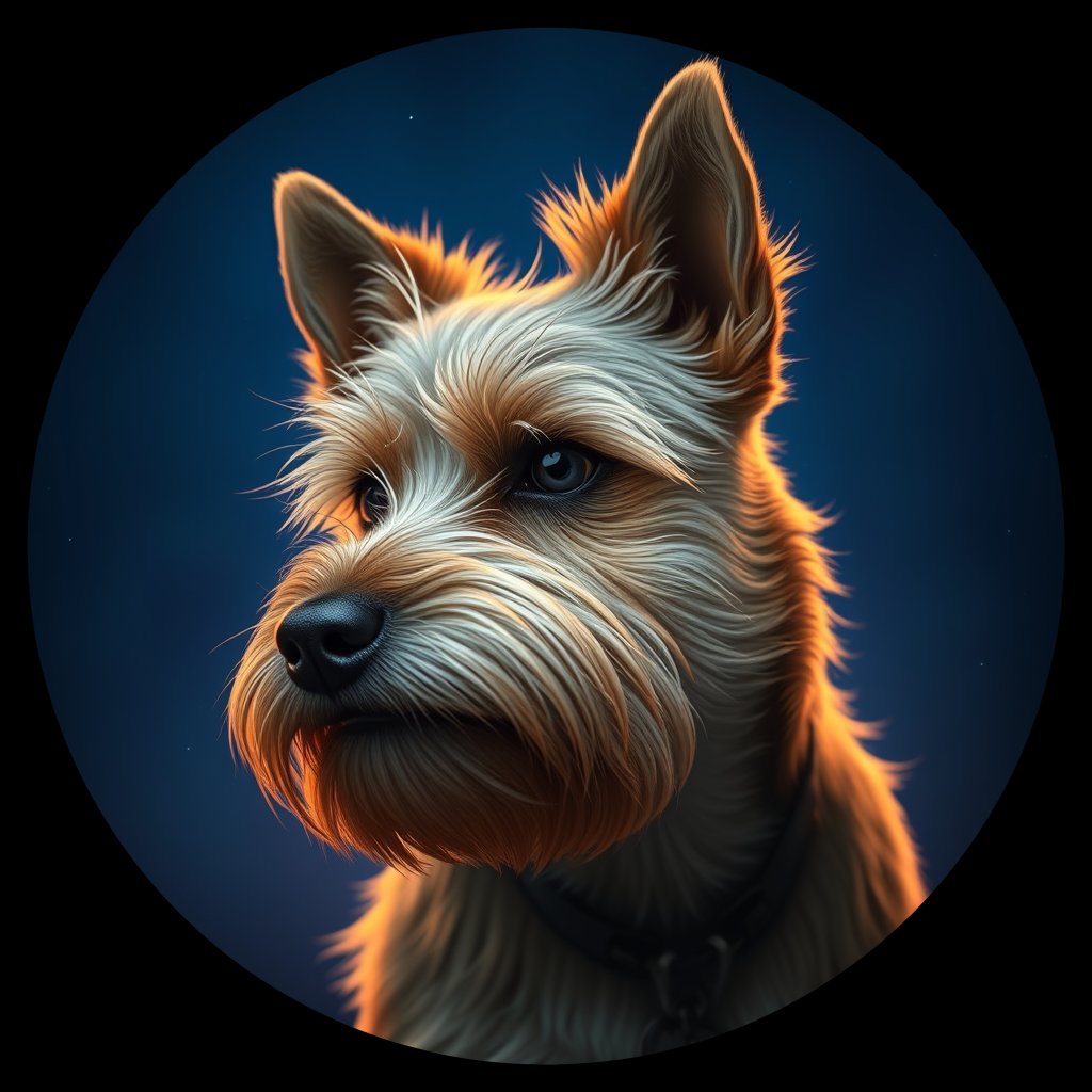Cosmic medallion portrait of Maizie-Patzman-CT_Maizie-Patzman-CT, a Cairn Terrier