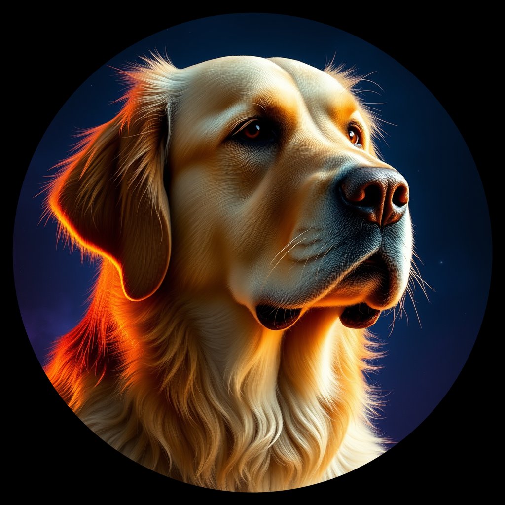 Cosmic medallion portrait of Oldies_grls0a05f47b, a Golden Retriever