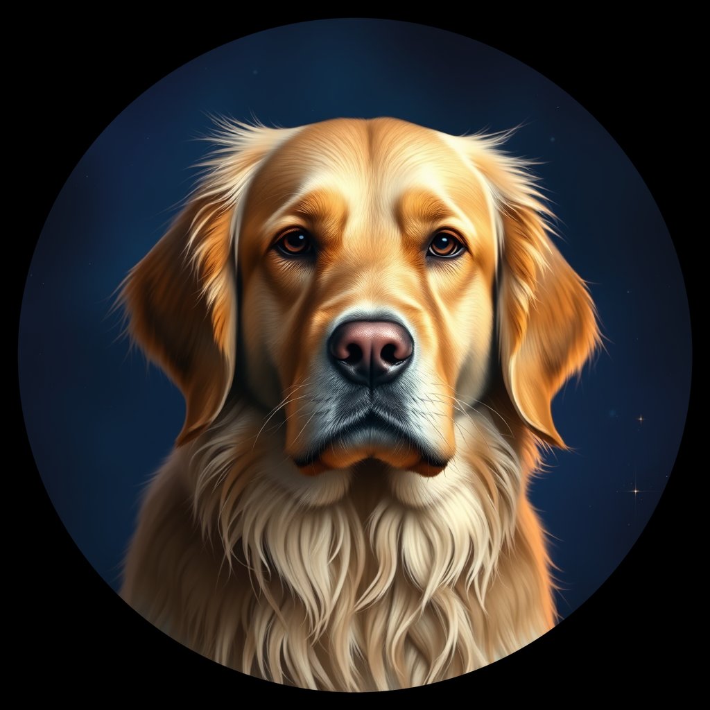 Cosmic medallion portrait of Oldies_grls3a2eb961, a Golden Retriever