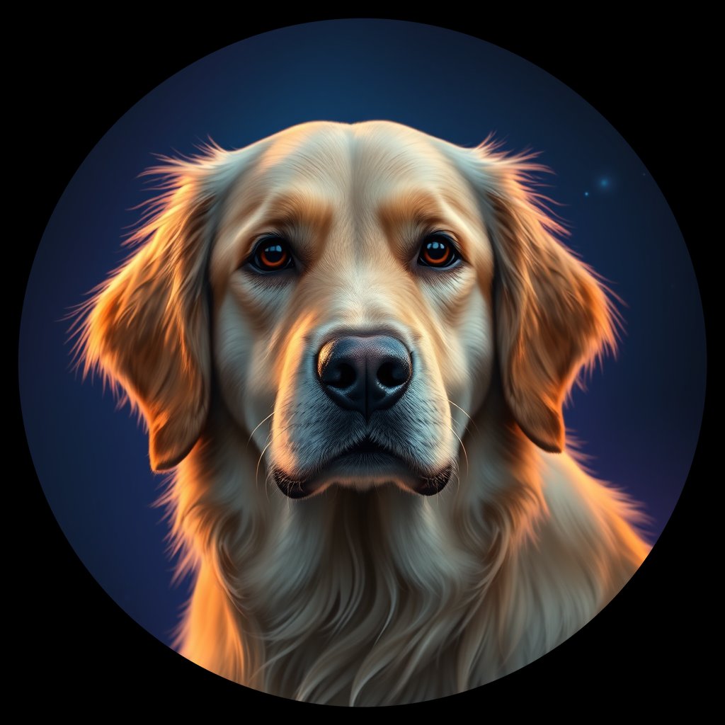 Cosmic medallion portrait of Oldies_grls48a19107, a Golden Retriever