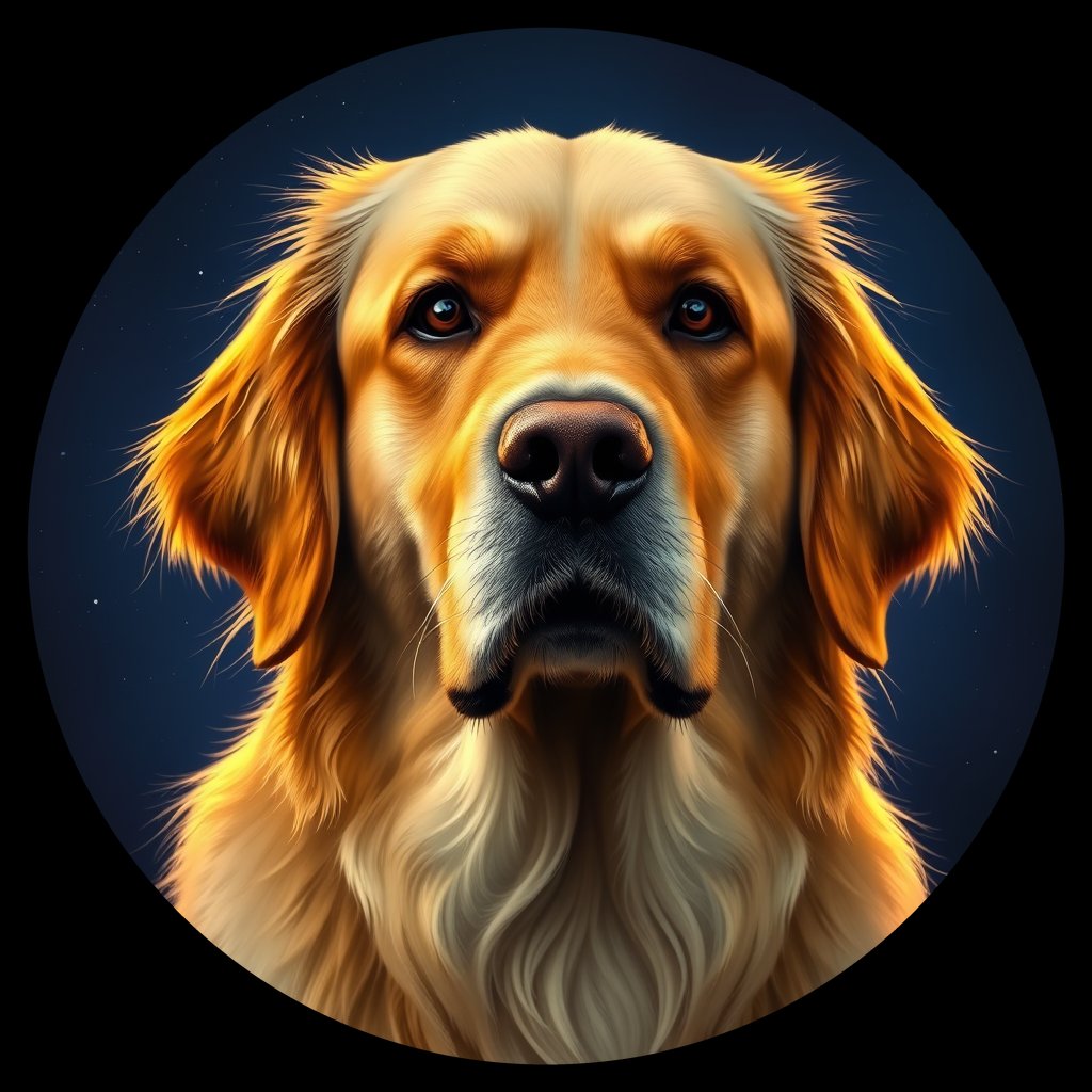 Cosmic medallion portrait of Oldies_grls550946f6, a Golden Retriever
