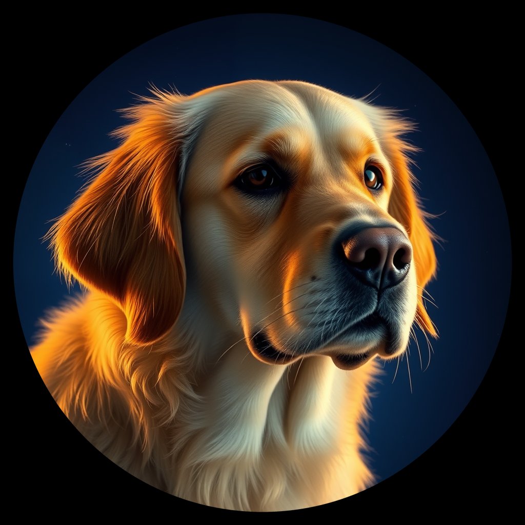 Cosmic medallion portrait of Oldies_grls5a4f5201, a Golden Retriever
