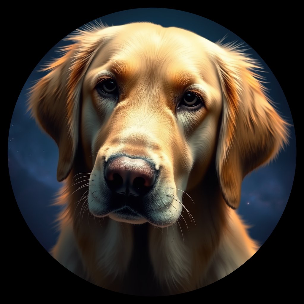 Cosmic medallion portrait of Oldies_grls6bf5d047, a Golden Retriever