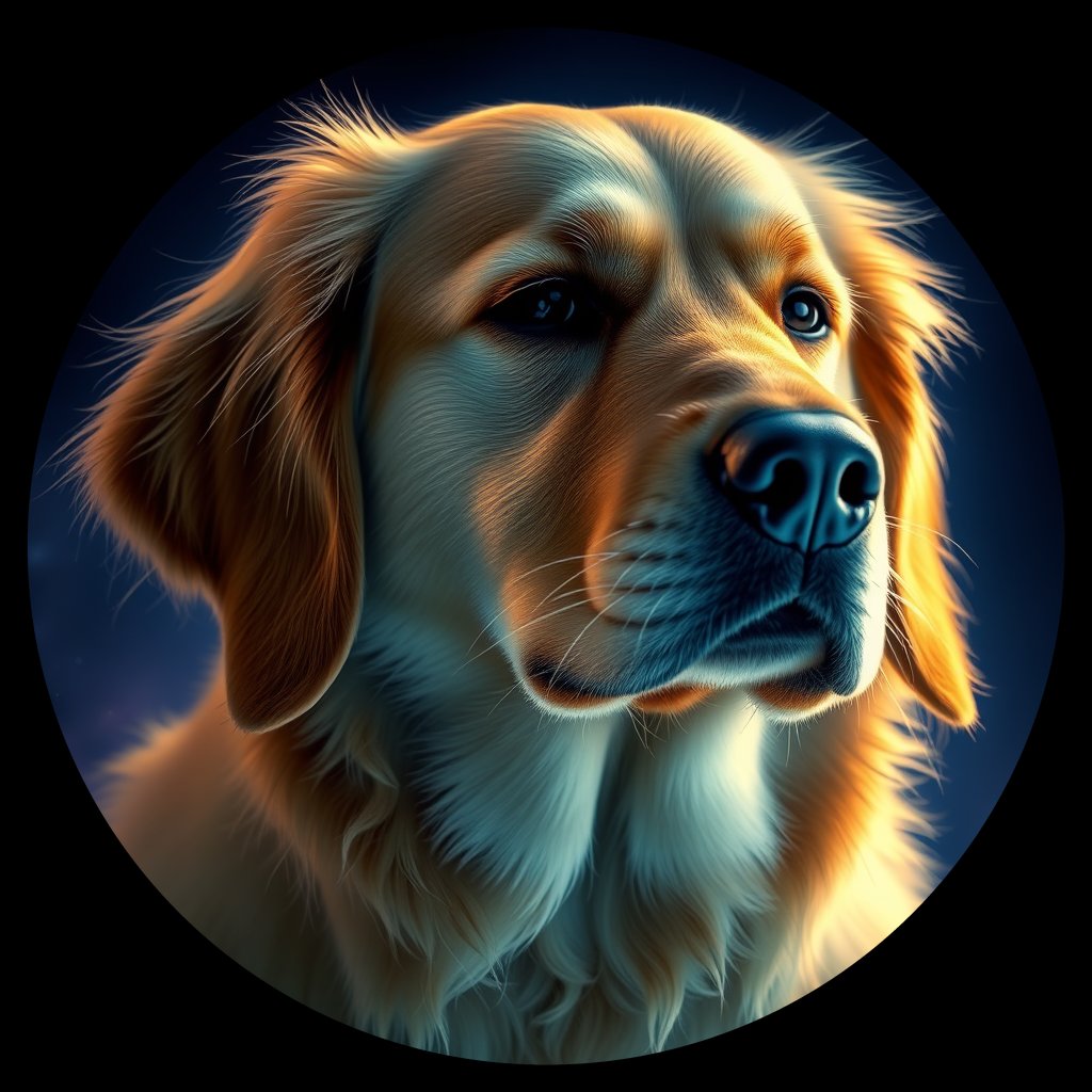 Cosmic medallion portrait of Oldies_grls85247573, a Golden Retriever