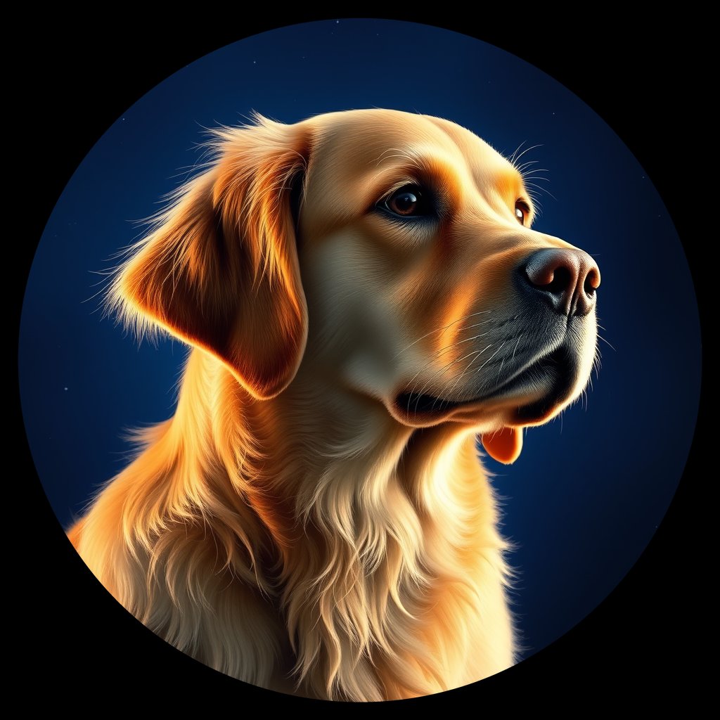 Cosmic medallion portrait of Oldies_grlsa640d481, a Golden Retriever