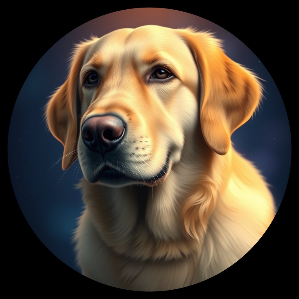 Cosmic medallion portrait of Oldies_grlsa71f07ff, a Golden Retriever