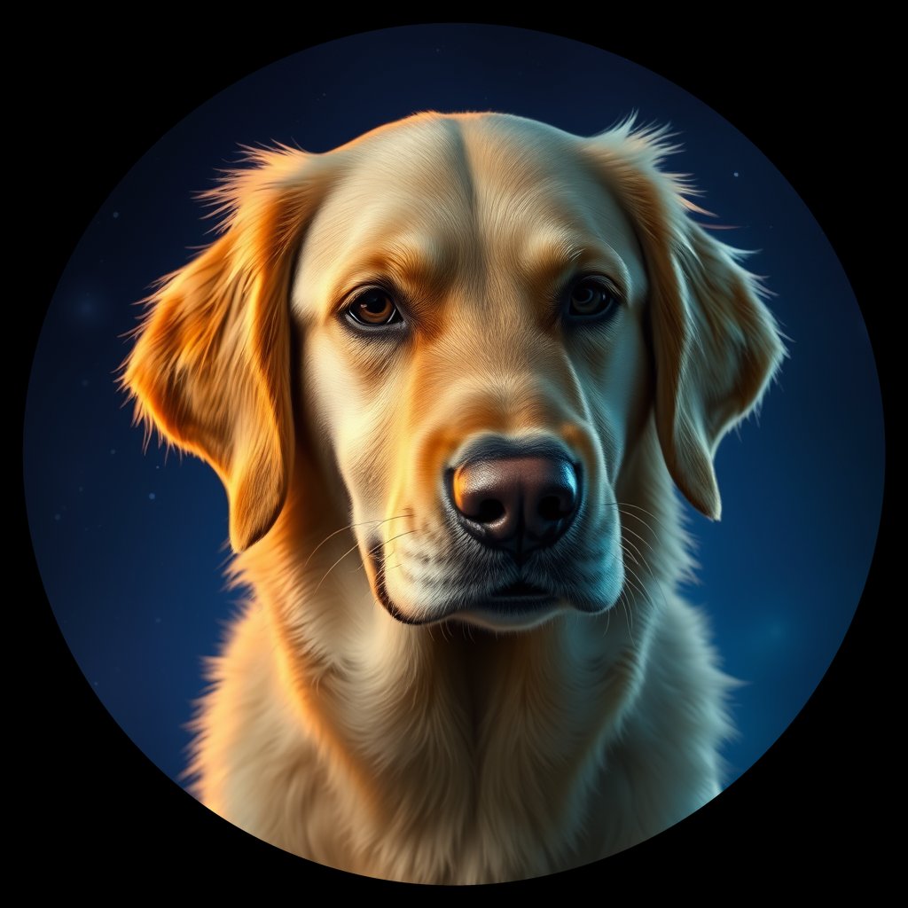 Cosmic medallion portrait of Oldies_grlsb2e5caae, a Golden Retriever