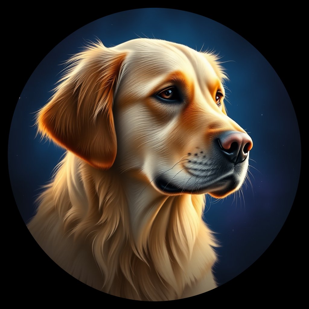 Cosmic medallion portrait of Oldies_grlsb4259a81, a Golden Retriever