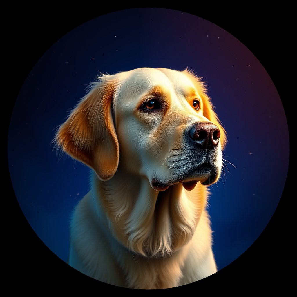 Cosmic medallion portrait of Oldies_grlsb905b3b8, a Golden Retriever