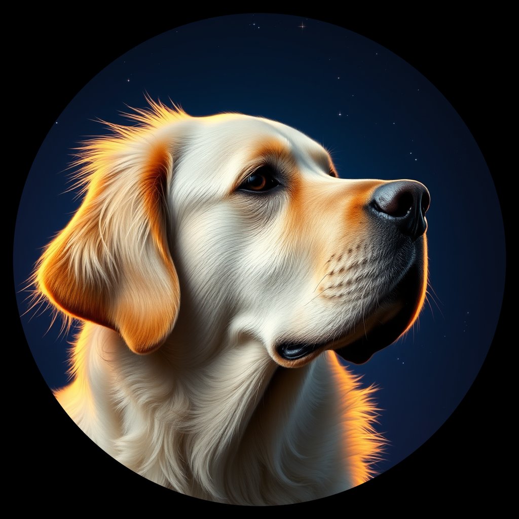 Cosmic medallion portrait of Oldies_grlsbc9a8f8d, a Golden Retriever