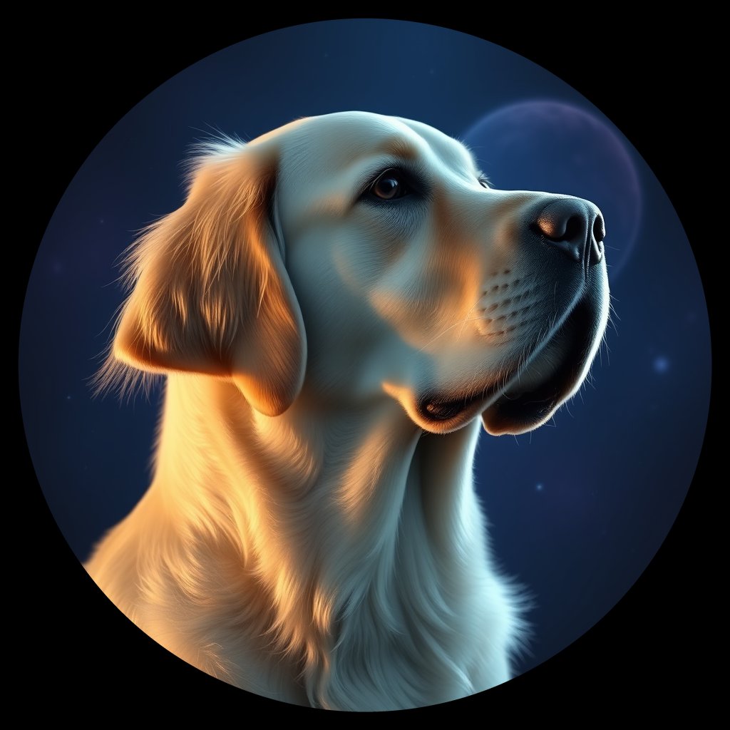 Cosmic medallion portrait of Oldies_grlsd2782c40, a Golden Retriever