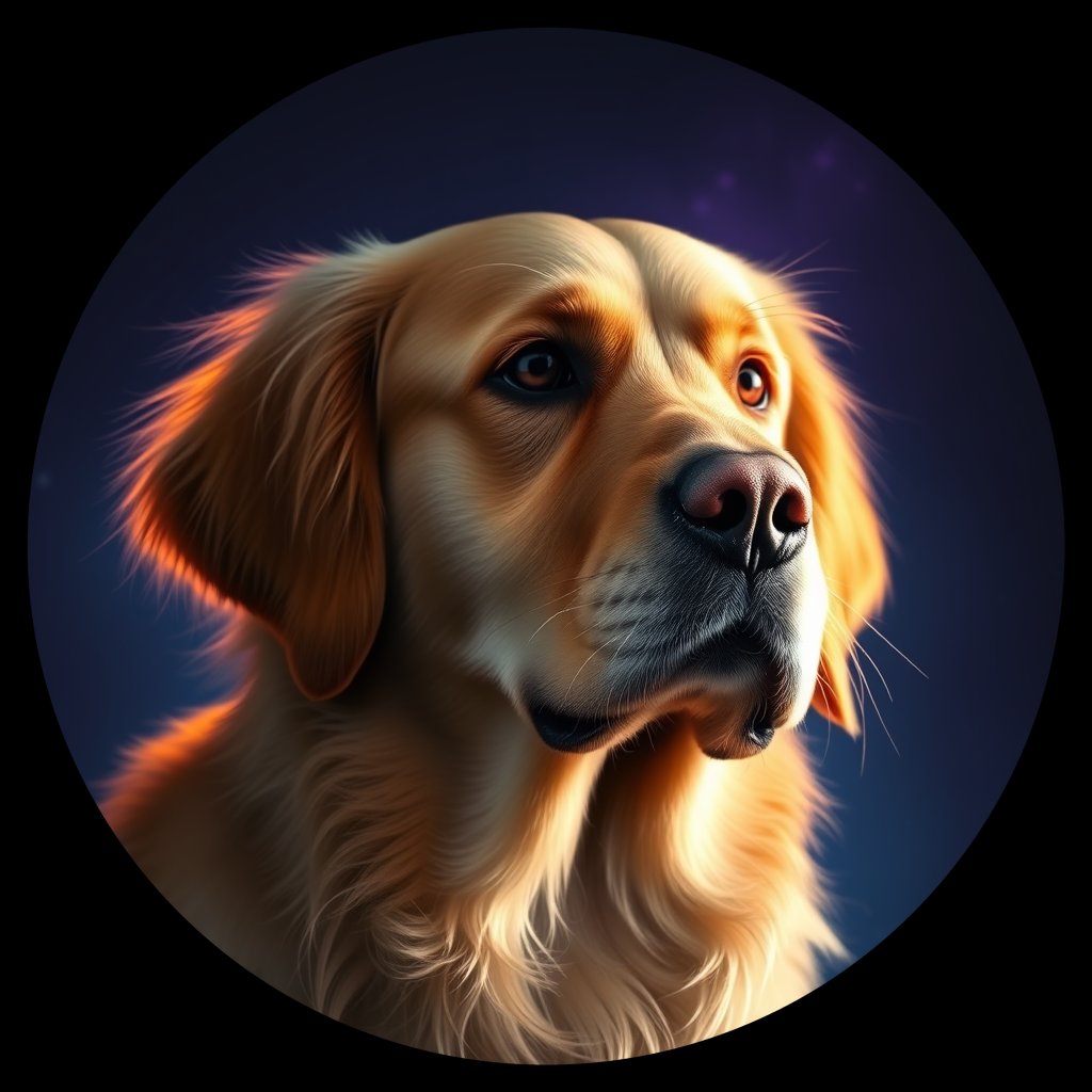 Cosmic medallion portrait of Oldies_grlsf24dc4de, a Golden Retriever