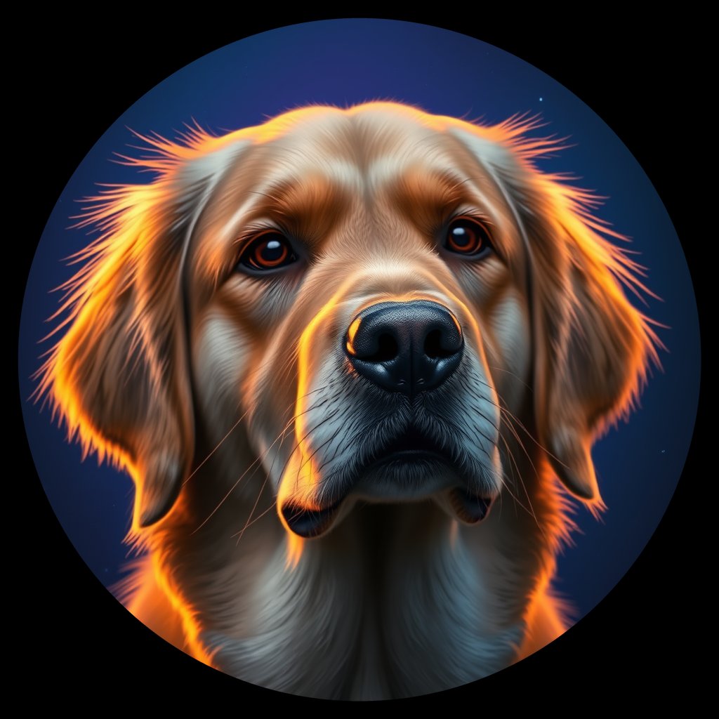 Cosmic medallion portrait of Oldies_grlsf6f0fe2d, a Golden Retriever