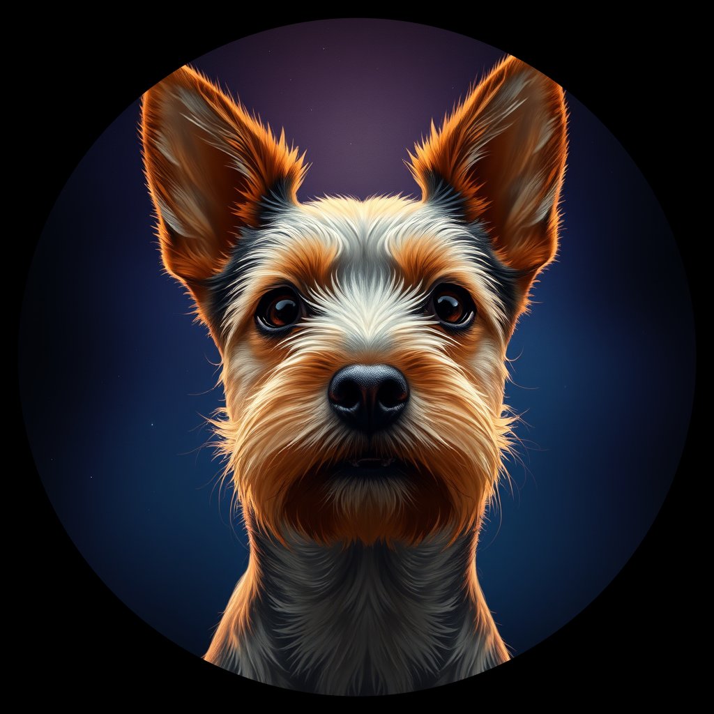Cosmic medallion portrait of PFZ14A01_PFZ14A01, a Norwich Terrier