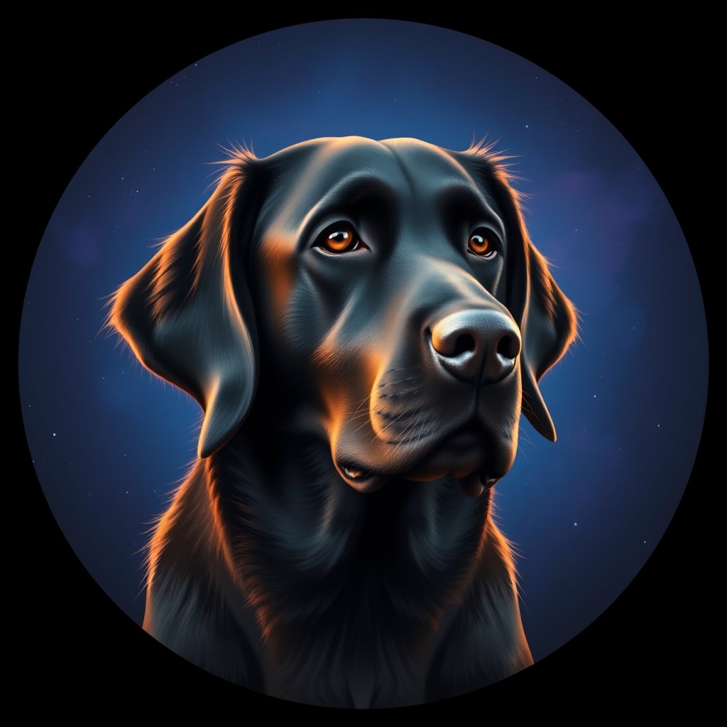 Cosmic medallion portrait of PFZ14C08_PFZ14C08, a Flat Coated Retriever